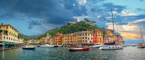 Picturesque view of coastline with colorful houses in famous town of Portofino. Liguria, Italy