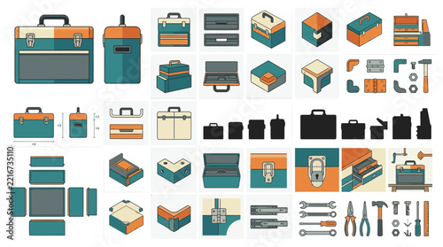Isometric toolboxes and workshop storage container icons.