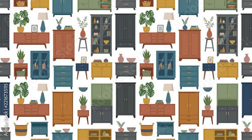 Seamless pattern background with diverse furniture and cabinetry