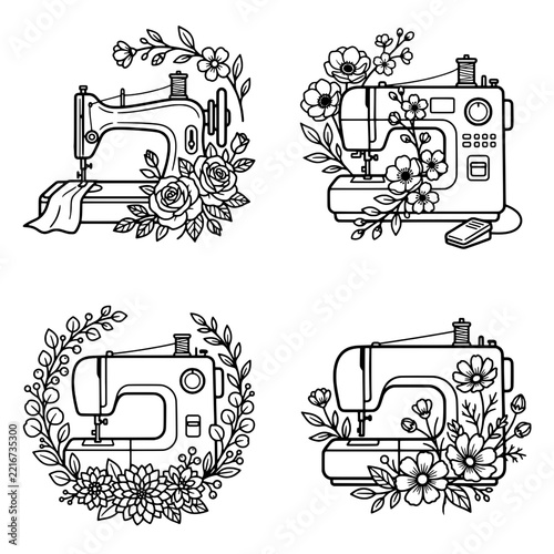 Botanical sewing machine wreath collection with roses and wildflowers, set of 4 vector line art emblems for tailor craft store, seamstress logo, and cricut