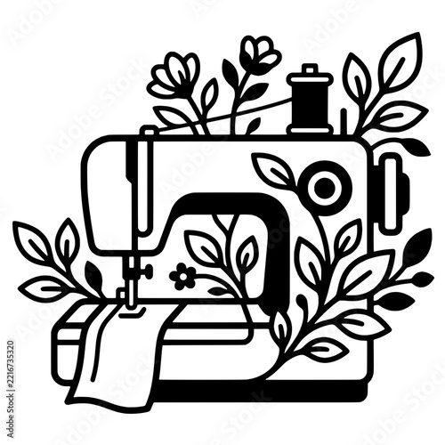Monochrome sewing machine vector illustration entwined with botanical flowers leaves and thread spool