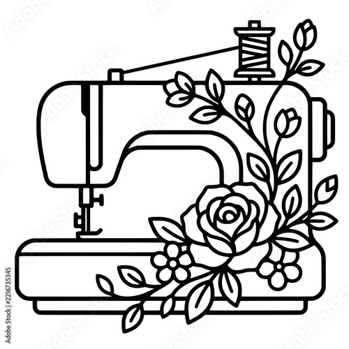 Modern sewing machine adorned with blooming rose floral vine and thread spool, vector line art illustration for tailor craft store, seamstress logo, and cricut