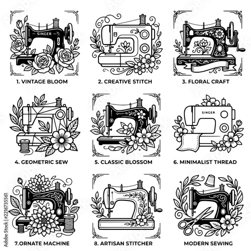 Vintage sewing machine emblems collection with floral botanical roses, set of 9 tailor badge line art logos for craft store and seamstress branding