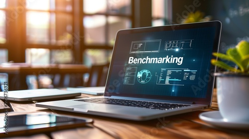 Laptop on desk shows benchmarking dashboard and data analysis, symbolizing performance review, competitive comparison, and business optimization.