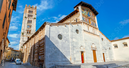 View of San Frediano church at Piazza San Frediano in Lucca. Tuscany, Italy