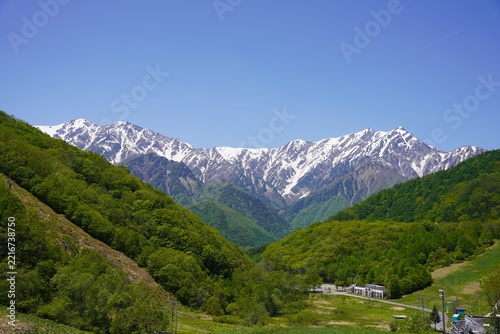 北アルプス　残雪の鹿島槍ヶ岳と爺ヶ岳　新緑の里山	