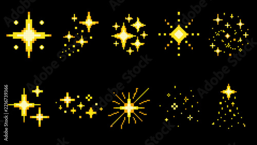 Golden Pixel Star Sparkle Game Design Collection, Retro Gold Pixel Art Game Icons