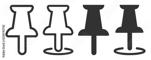 Black pushpin icon set with outline, filled, and shadow styles