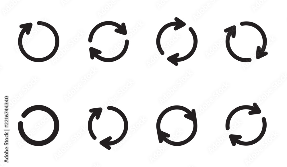 Fototapeta premium Collection of black refresh and rotation circular arrow icons for software navigation and user experience.