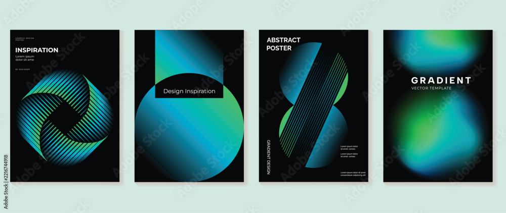 Fototapeta premium Futuristic Cyan Green Gradient Poster Set Vector with Glowing Mesh Rings, Curved Geometric Forms, Dark Background for Modern Wall Art, Technology Branding, Editorial Cover, Print