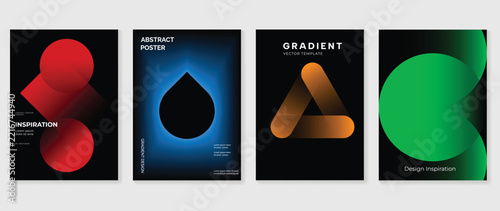 Abstract Gradient Poster Set Vector with Bold Geometric Shapes, Neon Red Blue Orange Green Forms on Dark Background for Modern Wall Art, Editorial Layout, Branding, Cover, Print Design