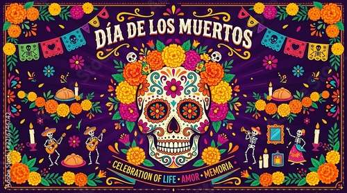 Vibrant Día de los Muertos celebration illustration with sugar skulls