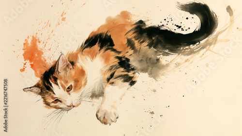 Calico cat watercolor illustration lying orange black white paint splashes paw prints pet portrait artistic beige background