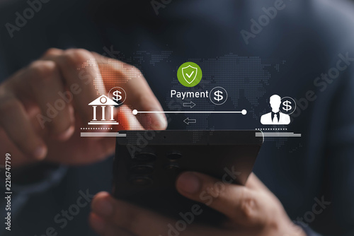 Digital payment concept showing a smartphone transaction between a bank and customer, with security and dollar icons, symbolizing fintech, mobile banking, secure payments, and financial services.