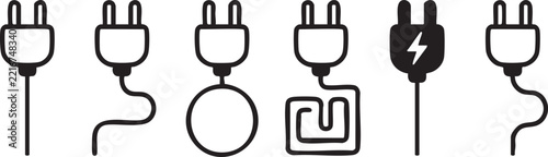 Electrical power plug icon set with various cord shapes for energy