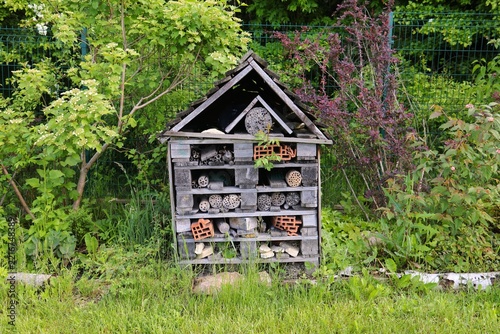 Insect hotel at a botanical garden. Refuge for insects to hibernate in winter.