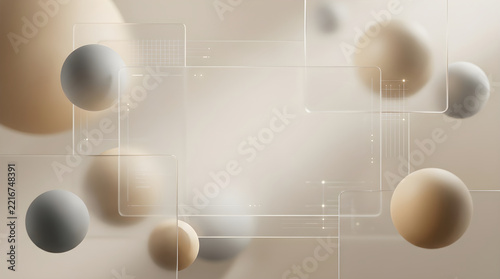 Abstract 3d background with floating glass plates and soft spheres