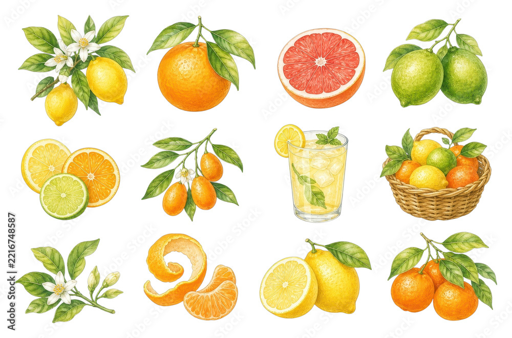 Fototapeta premium PNG Watercolor citrus fruit set with lemons oranges grapefruit and lime