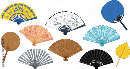 Fotografie Traditional oriental hand fan vector set featuring Japanese folding sensu and ro