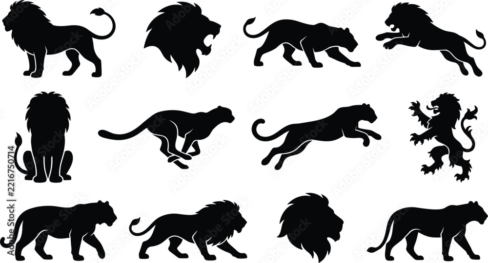 Obraz premium Set Of Wild Big Cats Silhouettes Featuring Male Lion Lioness Cheetah Panther And Tiger In Various Action Poses For Branding