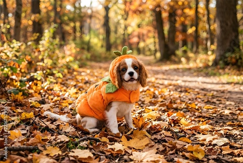 Cute small dog in pumpkin costume sitting in autumn leaves
