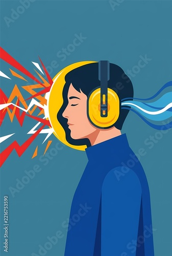 Vertical poster illustration of person wearing ear muffs blocking loud noise