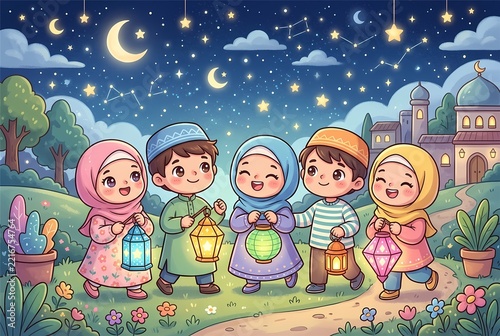 Cute cartoon Muslim children holding lanterns under starry sky