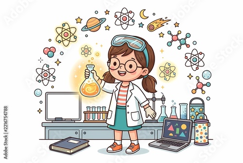 Cute cartoon girl scientist holding glowing flask