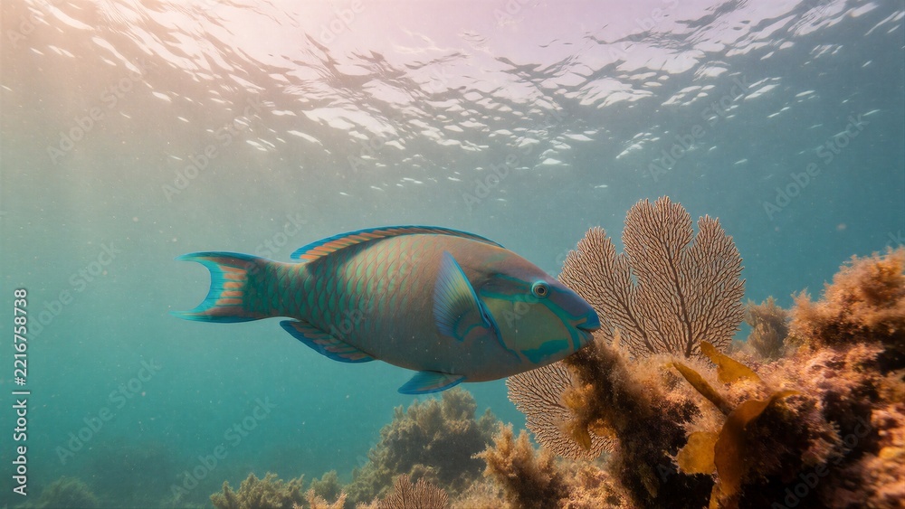 Fototapeta premium A digitally created parrotfish swims near coral in turquoise waters, bathed in natural sunlight, exuding serenity and vitality.