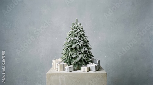 Miniature christmas tree with gifts on snow base isolated on white background