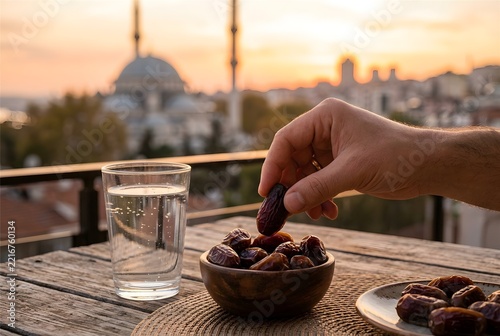 Hand picking date next to glass of water at sunset, iftar moment
