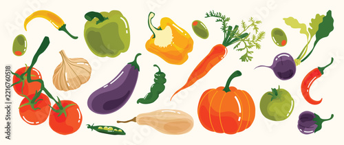 Hand Drawn Vegetable Collection Vector with Tomato, Garlic, Eggplant, Carrot, Pumpkin, Pepper, Radish, Chili and Fresh Herbs for Healthy Food Illustration, Kitchen Decor, Grocery Print, Recipe Design