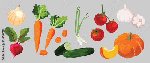 Hand Drawn Vegetable Collection Vector with Onion, Carrot, Beetroot, Tomato, Garlic, Zucchini, Pumpkin and Fresh Greens for Healthy Food Illustration, Kitchen Decor, Market Print, Grocery Design