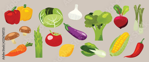 Colorful Vegetable Collection Vector with Bell Pepper, Cabbage, Garlic, Broccoli, Beetroot, Eggplant, Corn, Mushroom and Fresh Greens for Healthy Food Illustration, Kitchen Decor, Grocery Design