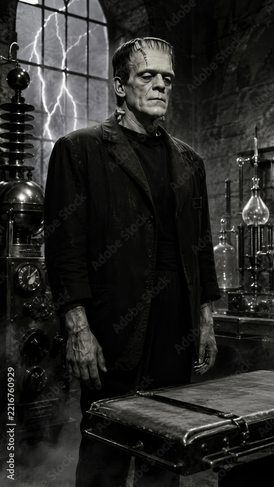 Fototapeta premium Man in monster costume with stitched face and bolts on neck standing in dark gothic laboratory with lightning outside window.