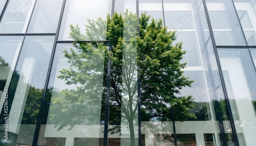 Modern glass building facade reflecting green leafy tree in an urban environment