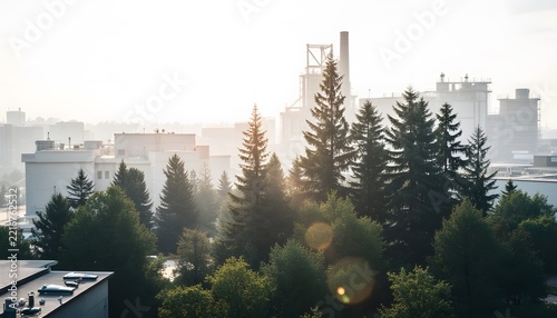 Urban cityscape with lush green trees and industrial buildings under bright sunlight