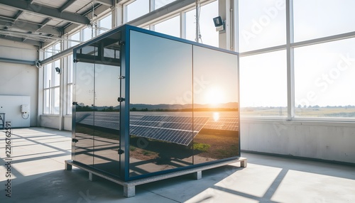 Modern solar power energy storage unit inside an industrial warehouse at sunset