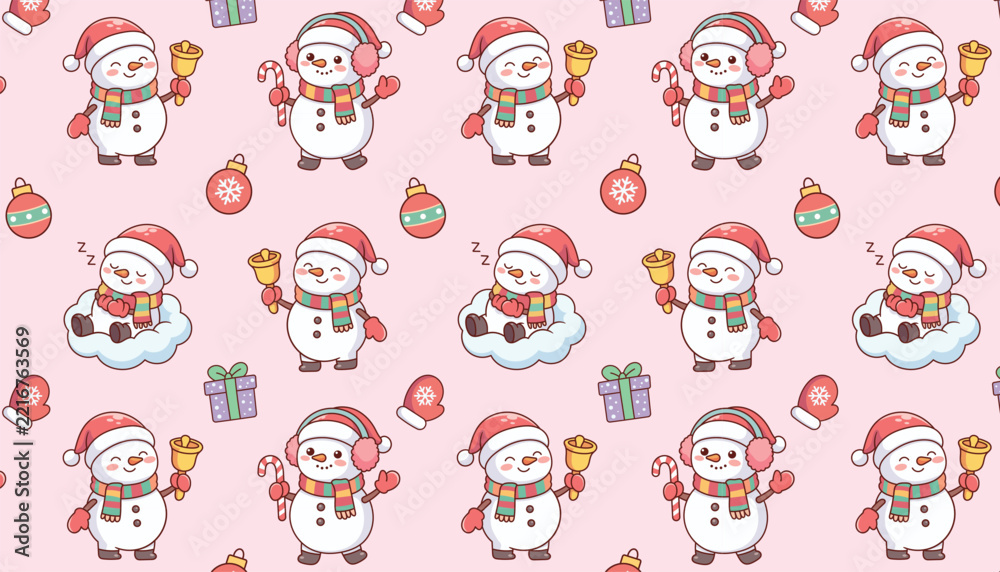 Fototapeta premium Cute Christmas Snowman Repeating Pattern Pink Background