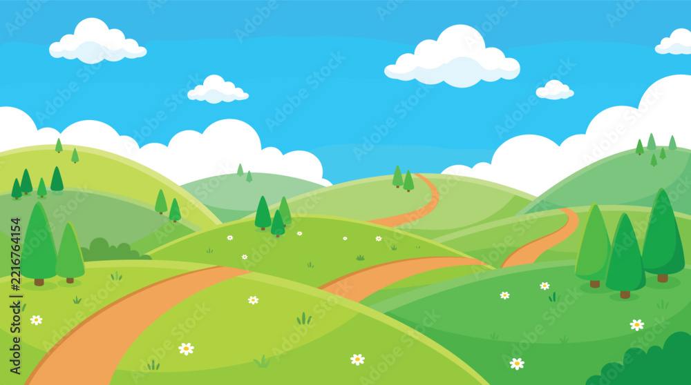 Obraz premium Cartoon illustration of green rolling hills with winding dirt paths and pine trees under a blue sky