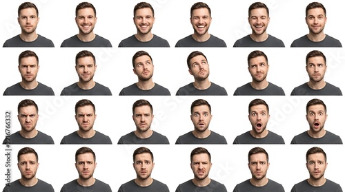 A collage of twenty-four portraits of the same young man displaying a wide variety of different facial expressions and emotions on a white background