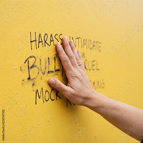 A person placing their hand on a yellow wall with negative words like bully, harass, and intimidate written in black marker, symbolizing anti-bullying