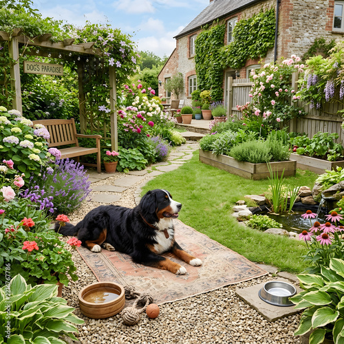 garden with bernese dog 