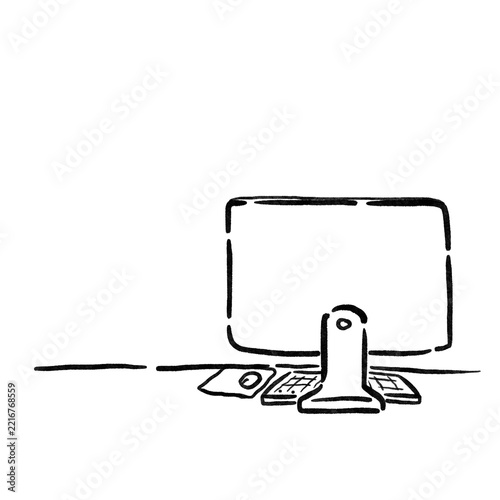 Simplistic setup of a computer workstation cartoon outline illustration