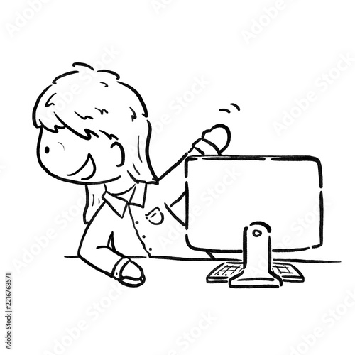 Office girl waving hand happily in front of PC desk cartoon outline illustration