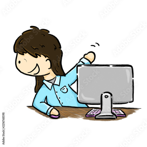 Office girl waving hand happily in front of PC desk cartoon illustration