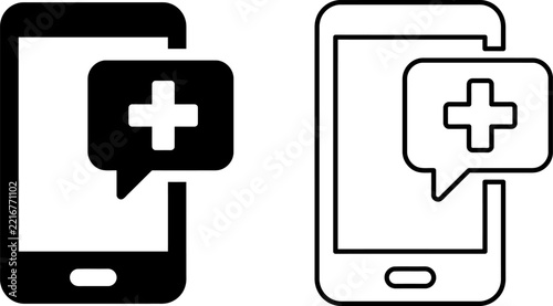 Mobile health app icon set with smartphone and medical cross speech