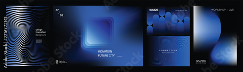 Futuristic Blue Gradient Poster Set Vector with Glowing Geometric Forms, Wavy Lines and Dark Technology Background for Modern Wall Art, Editorial Cover, Branding, Event Promotion, Print Design