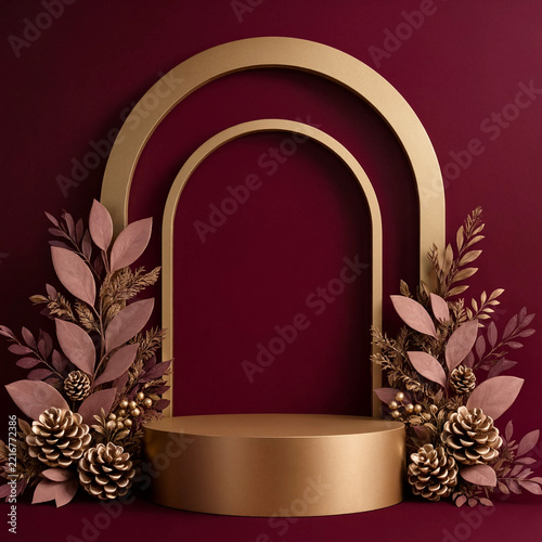 Luxury gold product display stand with autumnal foliage and pinecones