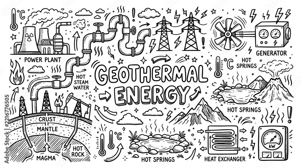 Fototapeta premium Geothermal Energy Hand Drawn Doodle Illustration